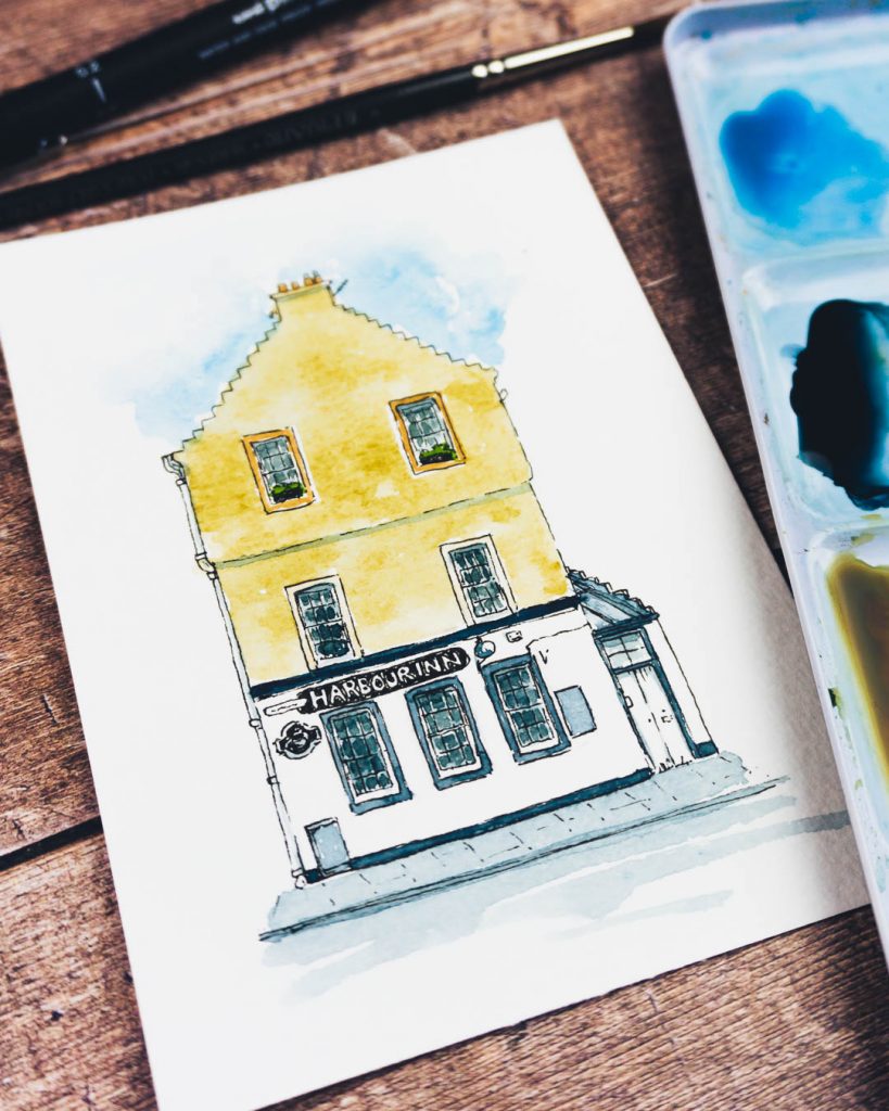 Line and Wash Watercolour Painting of a Pub