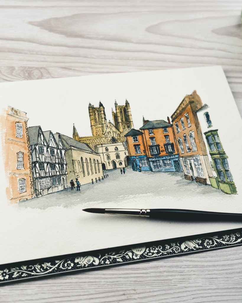 Lincoln Cathedral Square Watercolor Painting