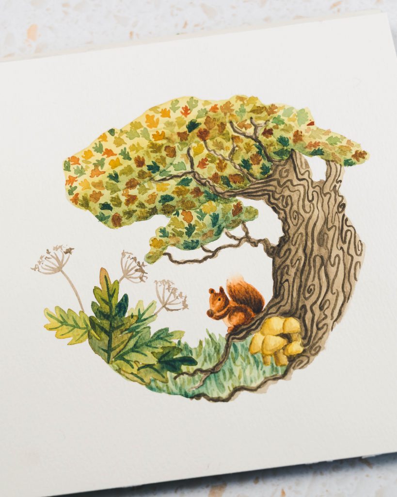 Watercolour illustration of an oak tree with cute squirrel!