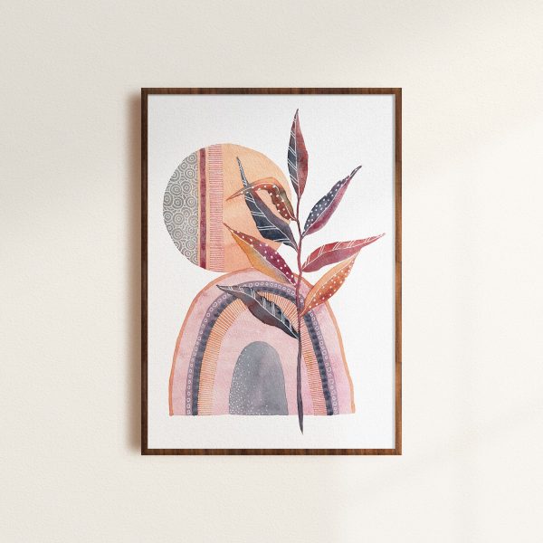 Leaf, circle and arch shapes in watercolour in a mockup frame.