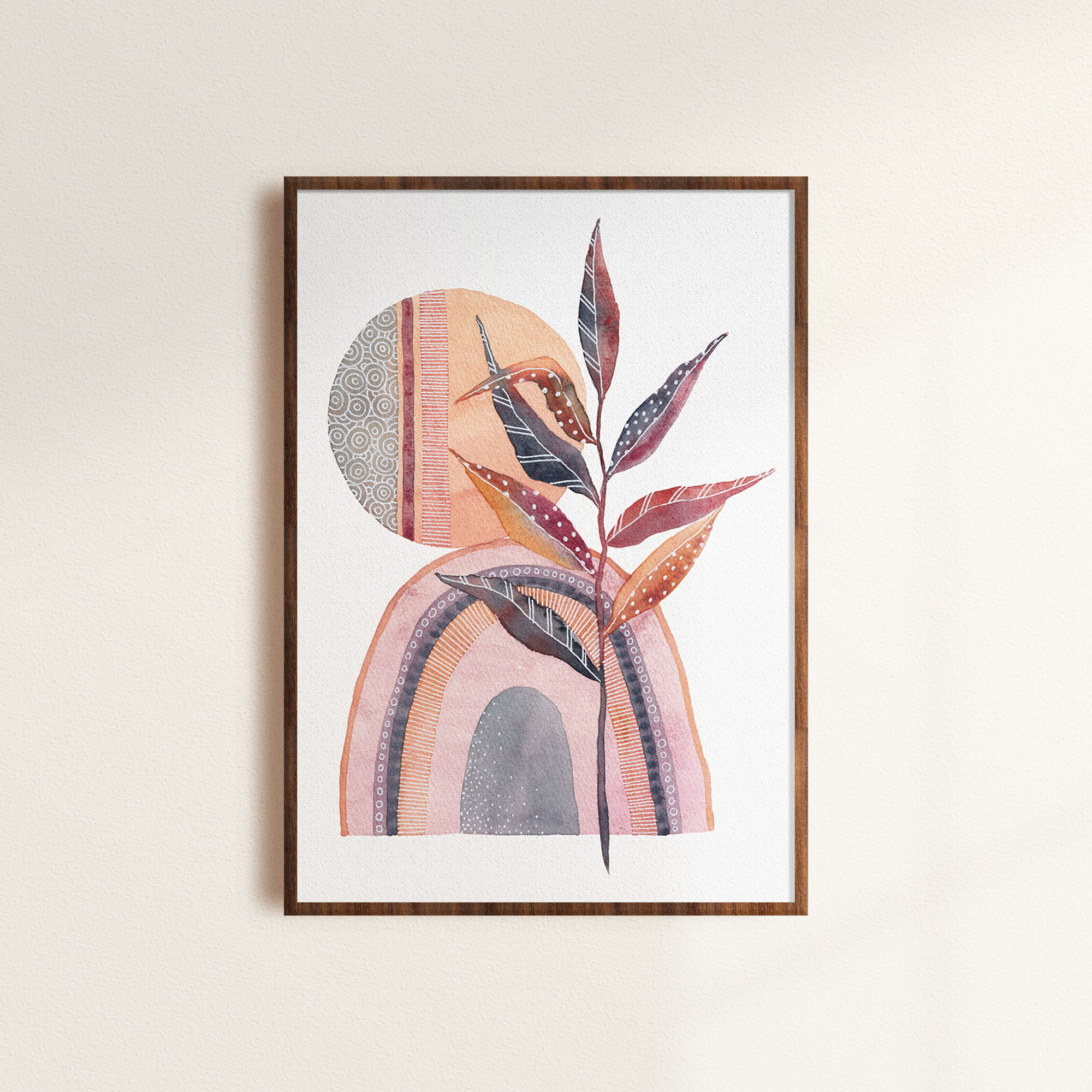 Watercolour Leaf Stem and Organic Shapes with White Ink Details Art Print