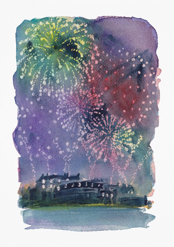 Edinburgh Castle Fireworks Watercolour Print
