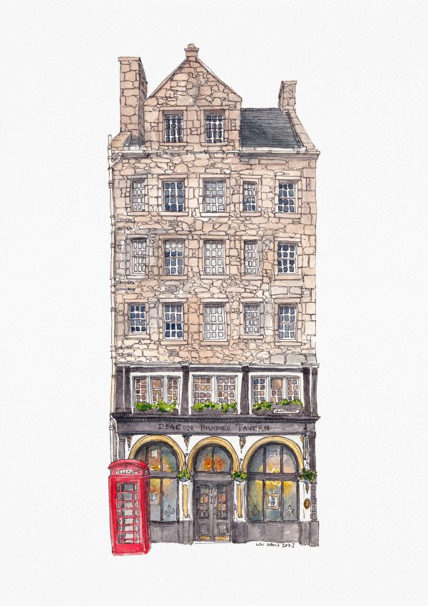 A line and wash painting of Deacon Brodie's Tavern on the Lawnmarket, Edinburgh
